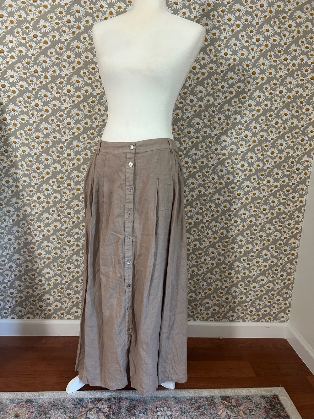 Lauren Vidal Linen Button-Front Midi Skirt